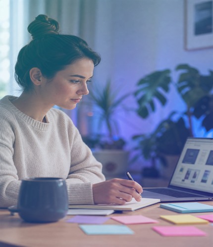 Marketing specialist reviewing notes beside a laptop