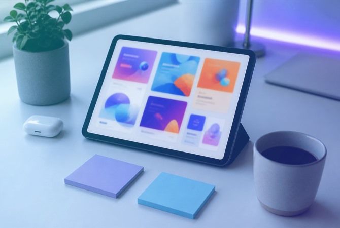 Tablet with colourful campaign creative cards on a white desk