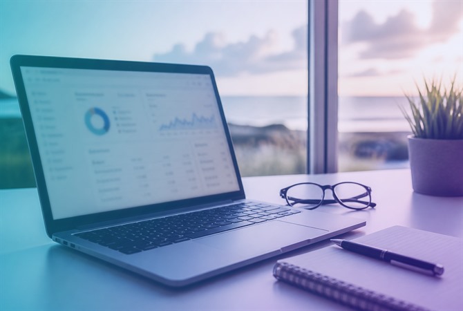 Laptop with performance charts on a desk overlooking the coast