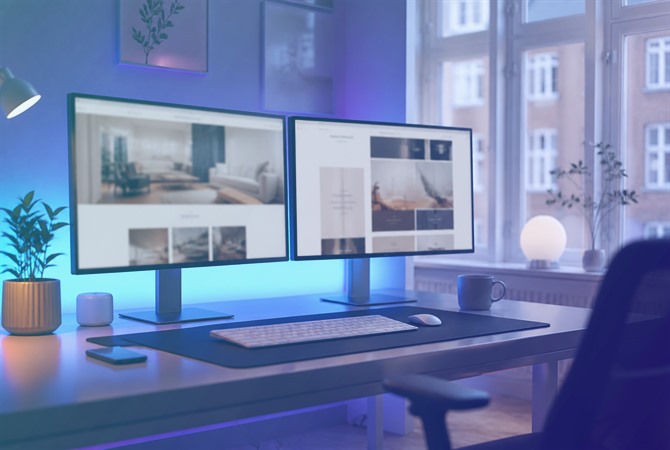 Dual-monitor workstation showing website layout mockups